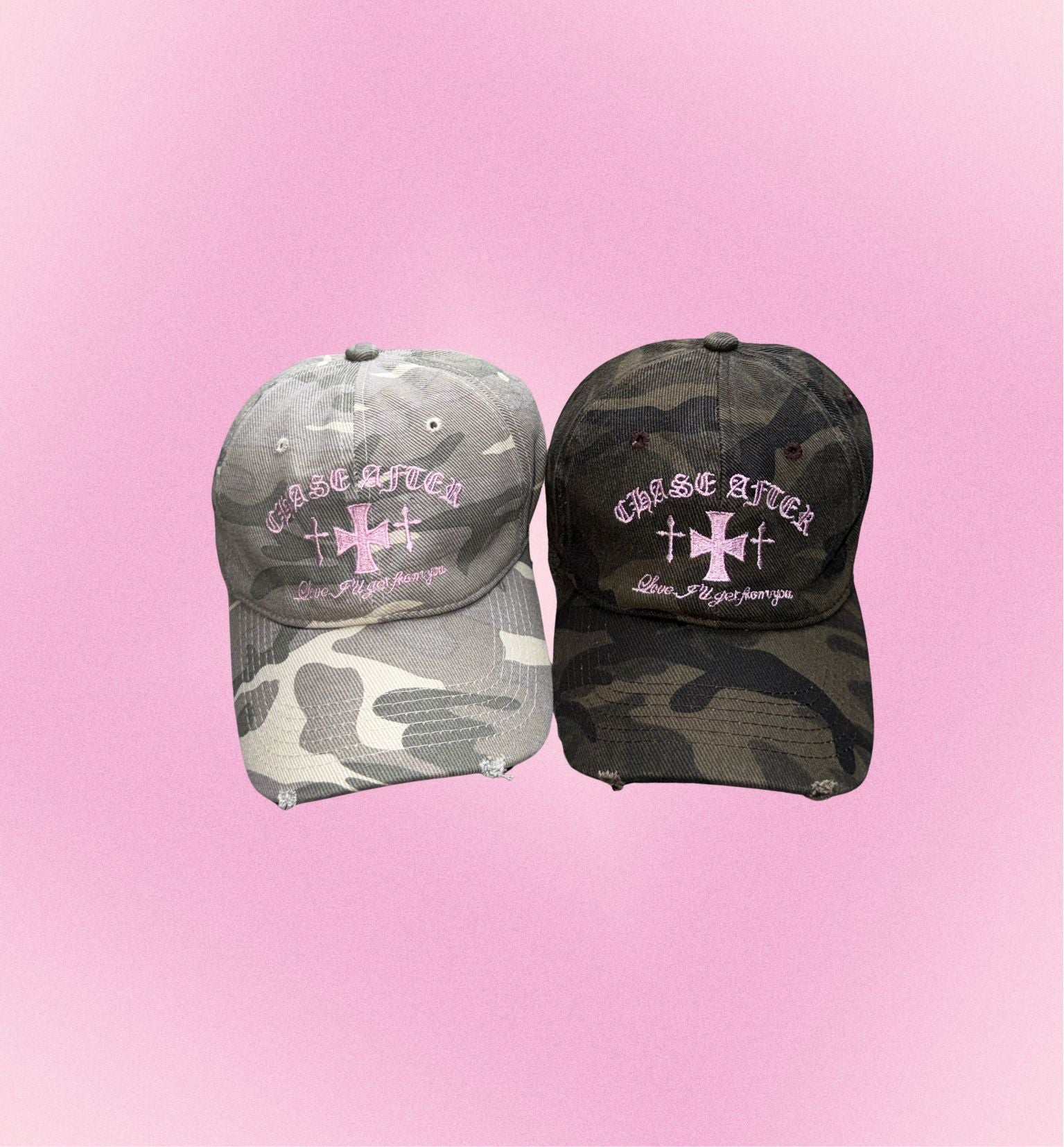 Chase After Pink Cross Embroidery Camo Cap